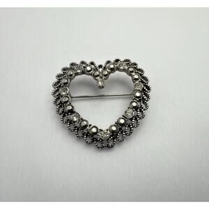 Vintage 1970s Victorian Revival Heart Brooch Pin Pewter Tone Rhinestone Jewelry